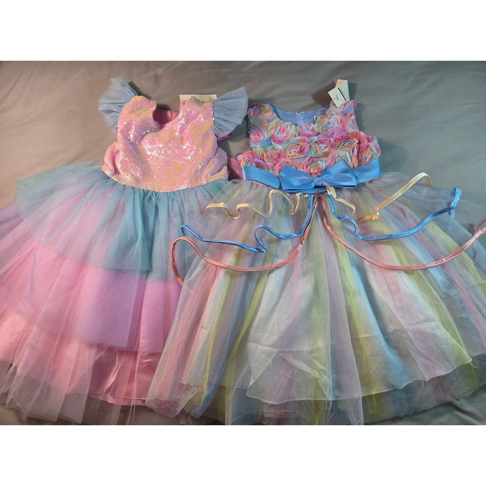 NNJXD Special Occasion Dress 5-6 Year Rainbow Sequin Floral Tulle 2pc Bundle Lot